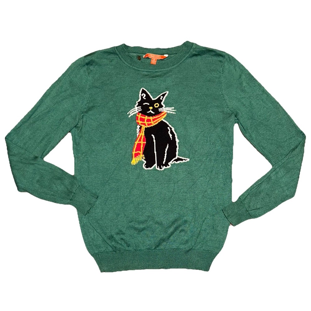 Modcloth Green‎ Cat Knit Sweater Top Size Small Cat Themed Clothing Green